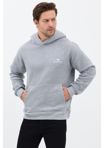 Erkek Oversize Pamuklu Kanguru Cepli Basic 3 Iplik Nakışlı Kapüşonlu Sweatshirt Gri - M