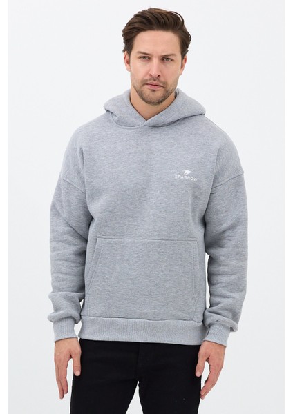 Erkek Oversize Pamuklu Kanguru Cepli Basic 3 Iplik Nakışlı Kapüşonlu Sweatshirt Gri - M fiyatları