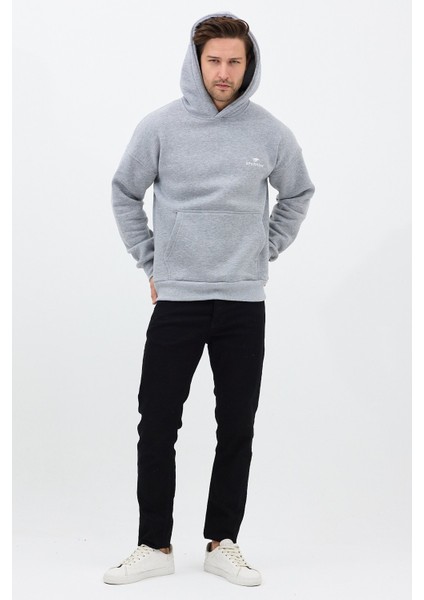 Erkek Oversize Pamuklu Kanguru Cepli Basic 3 Iplik Nakışlı Kapüşonlu Sweatshirt Gri - M fırsatları