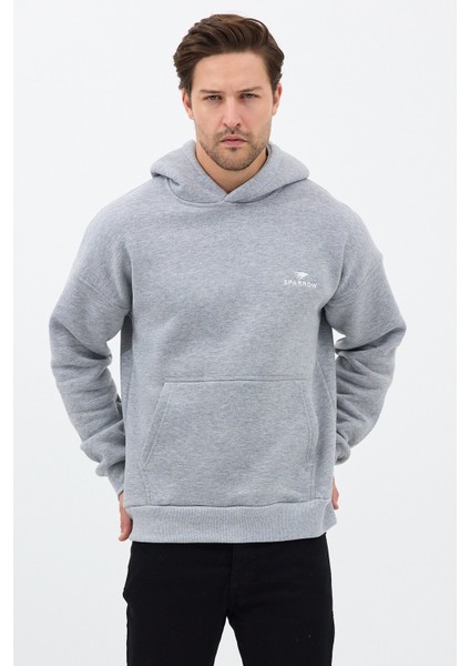 Erkek Oversize Pamuklu Kanguru Cepli Basic 3 Iplik Nakışlı Kapüşonlu Sweatshirt Gri - M indirimleri