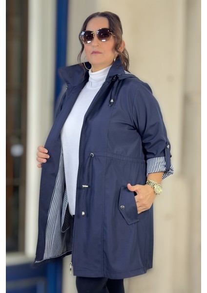 Çıkartılabilir Kapşonlu Katlanabilir Kol Detay Bonded Kumaş Ekstra Büyük Beden Trençkot