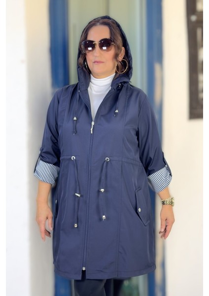 Çıkartılabilir Kapşonlu Katlanabilir Kol Detay Bonded Kumaş Ekstra Büyük Beden Trençkot fiyatları