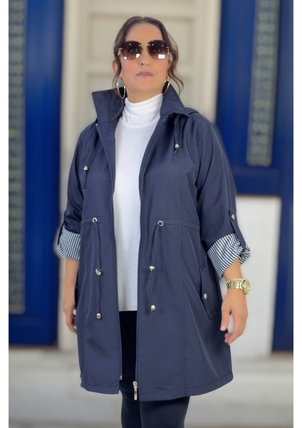 Çıkartılabilir Kapşonlu Katlanabilir Kol Detay Bonded Kumaş Ekstra Büyük Beden Trençkot indirimleri