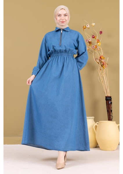 Fermuarlı Beli Lastikli Kot Elbise Açık Mavi MSW19240-1