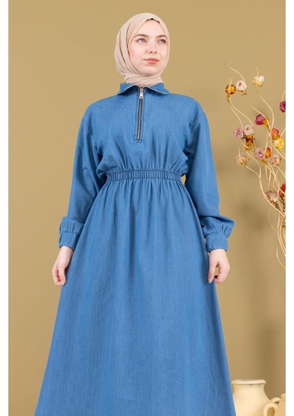Fermuarlı Beli Lastikli Kot Elbise Açık Mavi MSW19240-1 fiyatları