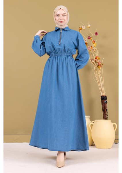 Fermuarlı Beli Lastikli Kot Elbise Açık Mavi MSW19240-1 modelleri