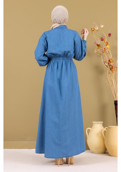Fermuarlı Beli Lastikli Kot Elbise Açık Mavi MSW19240-1 fırsatları