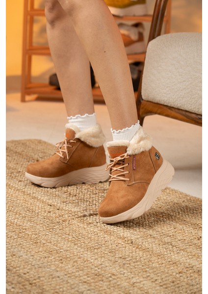 Kadın Süet Kürklü Kısa Spor Bot SS001-0478 Taba indirimleri
