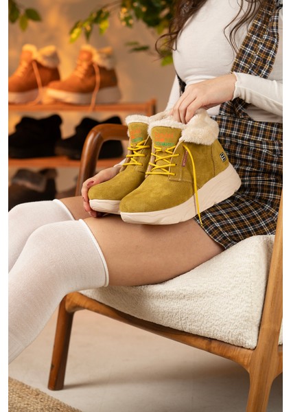 Kadın Süet Kürklü Kısa Spor Bot SS001-0478 Hardal modelleri