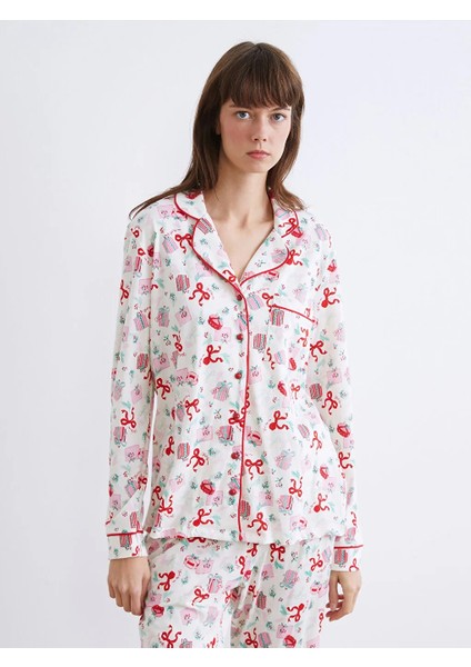 Dream Gömlek Yaka Yılbaşı Temalı %100 Pamuklu Penye Ekru Kadın Pijama Takımı