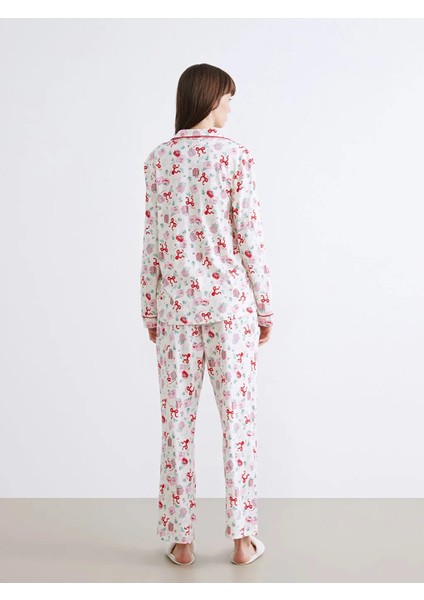 Dream Gömlek Yaka Yılbaşı Temalı %100 Pamuklu Penye Ekru Kadın Pijama Takımı modelleri