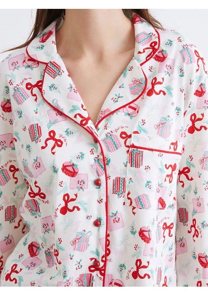Dream Gömlek Yaka Yılbaşı Temalı %100 Pamuklu Penye Ekru Kadın Pijama Takımı fırsatları