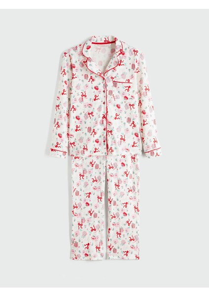 Dream Gömlek Yaka Yılbaşı Temalı %100 Pamuklu Penye Ekru Kadın Pijama Takımı indirimleri
