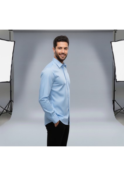 Erkek Slim Fit Dar Kesim Uzun Kollu Poplin Gömlek