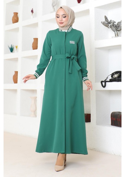 Gizli Düğmeli Ribanalı Ferace Zümrüt MSW19214-4