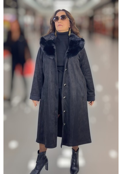 Çıkartılabilir Kürk Yaka Astarsız Cepli Büyük Beden Kadın Süet Kaban