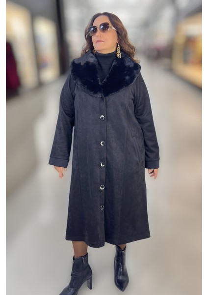 Çıkartılabilir Kürk Yaka Astarsız Cepli Büyük Beden Kadın Süet Kaban indirimleri