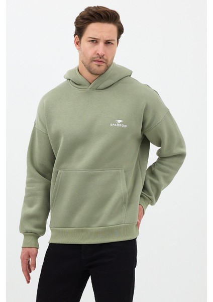 Erkek Oversize Pamuklu Kanguru Cepli Basic 3 Iplik Nakışlı Kapüşonlu Sweatshirt Buz Yeşil - L