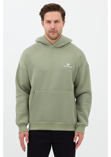 Erkek Oversize Pamuklu Kanguru Cepli Basic 3 Iplik Nakışlı Kapüşonlu Sweatshirt Buz Yeşil - L fiyatları