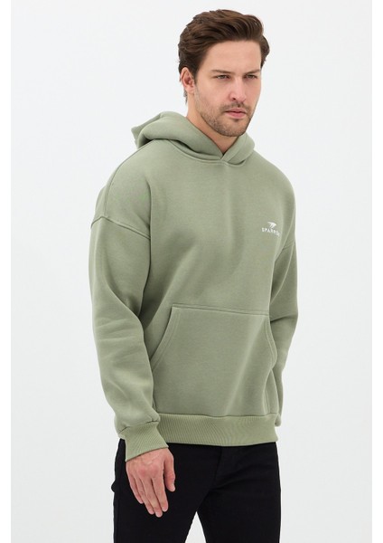 Erkek Oversize Pamuklu Kanguru Cepli Basic 3 Iplik Nakışlı Kapüşonlu Sweatshirt Buz Yeşil - L modelleri