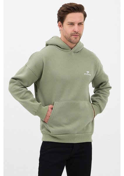 Erkek Oversize Pamuklu Kanguru Cepli Basic 3 Iplik Nakışlı Kapüşonlu Sweatshirt Buz Yeşil - L fırsatları