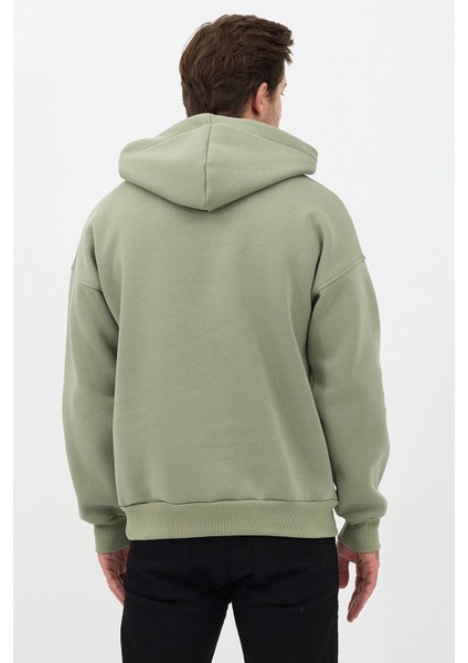 Erkek Oversize Pamuklu Kanguru Cepli Basic 3 Iplik Nakışlı Kapüşonlu Sweatshirt Buz Yeşil - L indirimleri