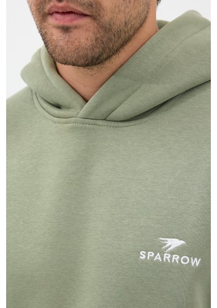 Erkek Oversize Pamuklu Kanguru Cepli Basic 3 Iplik Nakışlı Kapüşonlu Sweatshirt Buz Yeşil - L