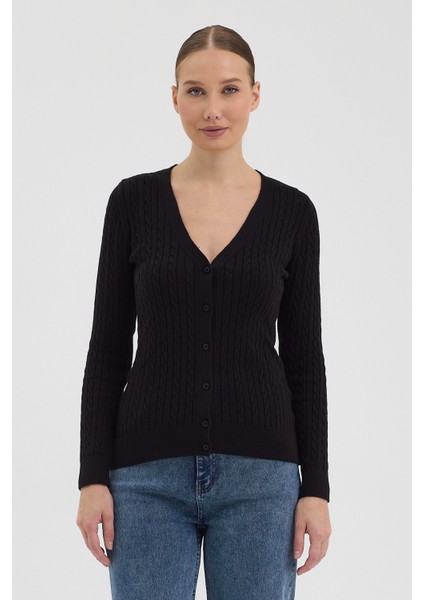 Kadın Saf %100 Pamuk Siyah Saç Örgü Triko Hırka – Örgü Desenli