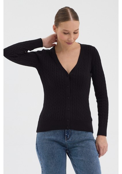 Kadın Saf %100 Pamuk Siyah Saç Örgü Triko Hırka – Örgü Desenli