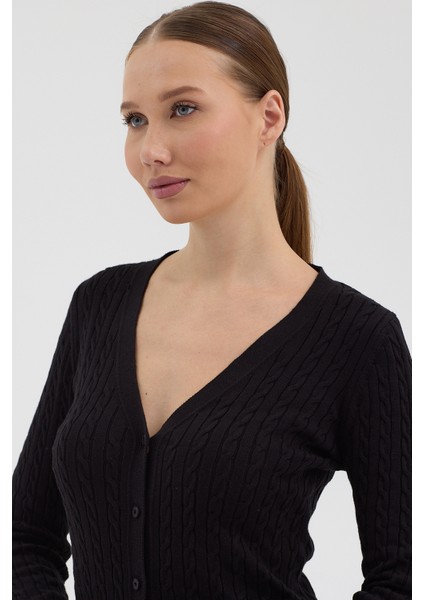 Kadın Saf %100 Pamuk Siyah Saç Örgü Triko Hırka – Örgü Desenli