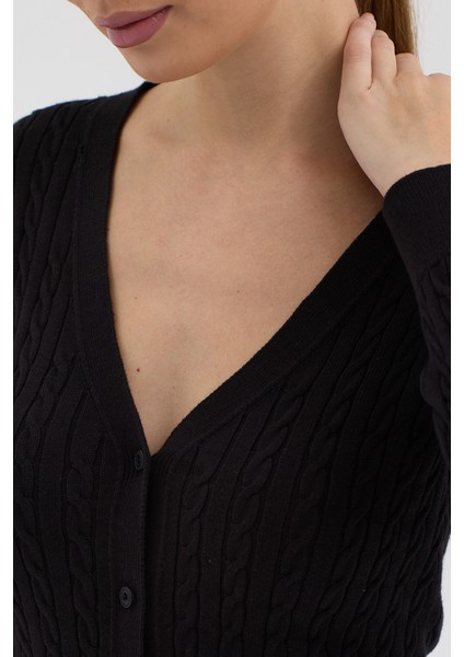 Kadın Saf %100 Pamuk Siyah Saç Örgü Triko Hırka – Örgü Desenli