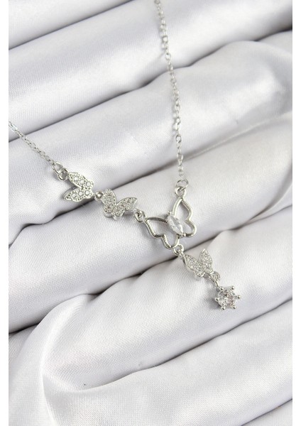 316L Çelik Zirkon Taşlı Kelebek Model Gümüş Renk Kadın Kolye