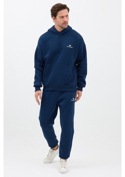 Erkek Pamuklu Nakışlı Oversize Kapüşonlu 3 Iplik Kanguru Cepli Basic Eşofman Takımı Lacivert - Xl