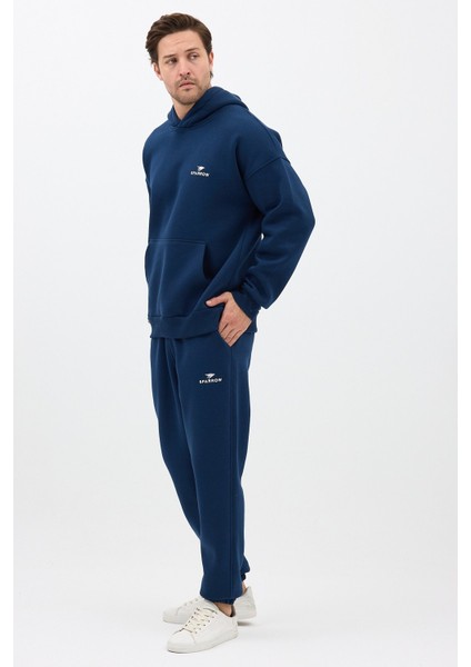 Erkek Pamuklu Nakışlı Oversize Kapüşonlu 3 Iplik Kanguru Cepli Basic Eşofman Takımı Lacivert - Xl modelleri