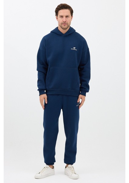 Erkek Pamuklu Nakışlı Oversize Kapüşonlu 3 Iplik Kanguru Cepli Basic Eşofman Takımı Lacivert - Xl fırsatları