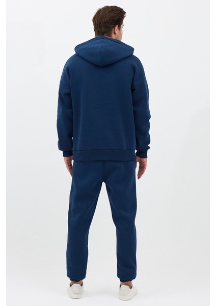 Erkek Pamuklu Nakışlı Oversize Kapüşonlu 3 Iplik Kanguru Cepli Basic Eşofman Takımı Lacivert - Xl