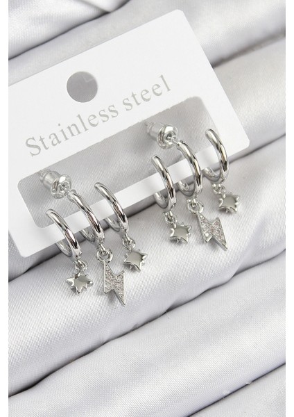 Pirinç Zirkon Taşlı Şimşek Model Gümüş Renk Kadın Küpe