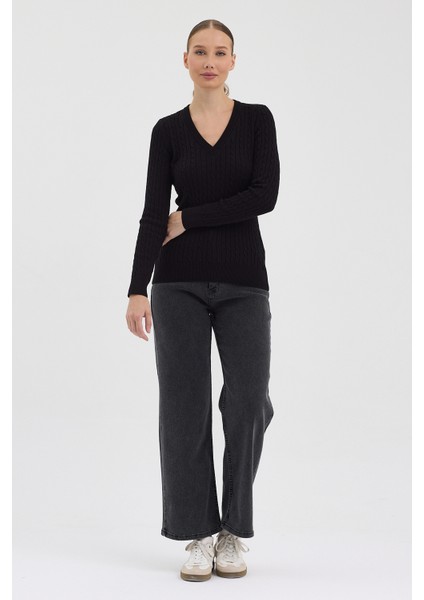 Kadın Saf %100 Pamuk Siyah V Yaka Saç Örgü Triko Kazak – Örgü Desenli indirimleri