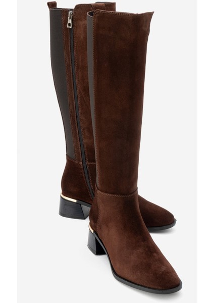 Rochos Kahverengi Süet Streç Detaylı Hakiki Deri Kadın Çizme