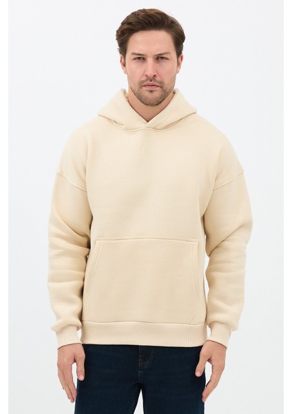 Erkek Oversize Pamuklu Kanguru Cepli 3 Iplik Basic Kapüşonlu Sweatshirt Bej - Xl