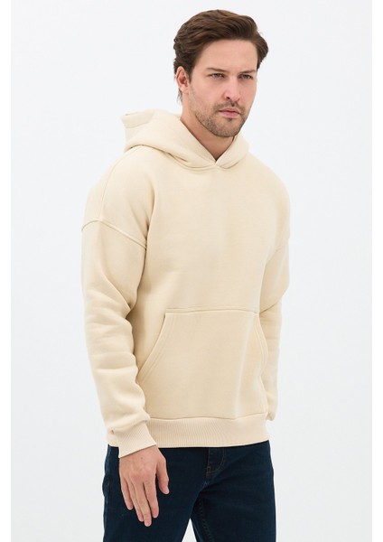 Erkek Oversize Pamuklu Kanguru Cepli 3 Iplik Basic Kapüşonlu Sweatshirt Bej - Xl fiyatları