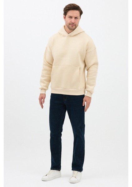Erkek Oversize Pamuklu Kanguru Cepli 3 Iplik Basic Kapüşonlu Sweatshirt Bej - Xl modelleri