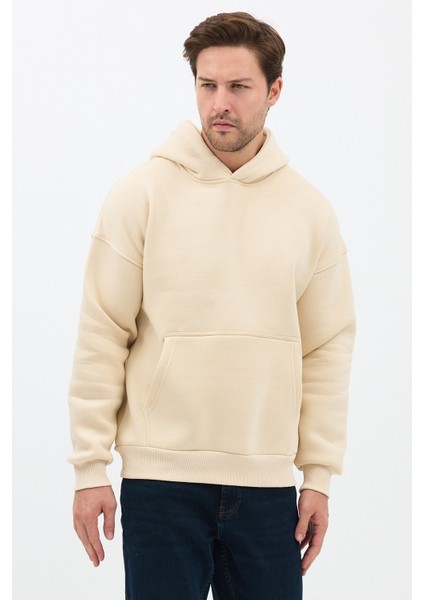 Erkek Oversize Pamuklu Kanguru Cepli 3 Iplik Basic Kapüşonlu Sweatshirt Bej - Xl fırsatları