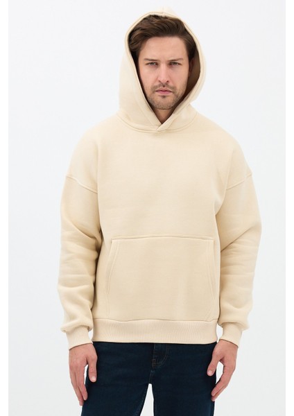 Erkek Oversize Pamuklu Kanguru Cepli 3 Iplik Basic Kapüşonlu Sweatshirt Bej - Xl indirimleri