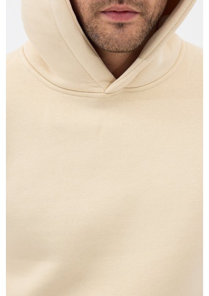 Erkek Oversize Pamuklu Kanguru Cepli 3 Iplik Basic Kapüşonlu Sweatshirt Bej - Xl