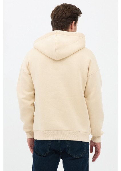 Erkek Oversize Pamuklu Kanguru Cepli 3 Iplik Basic Kapüşonlu Sweatshirt Bej - Xl