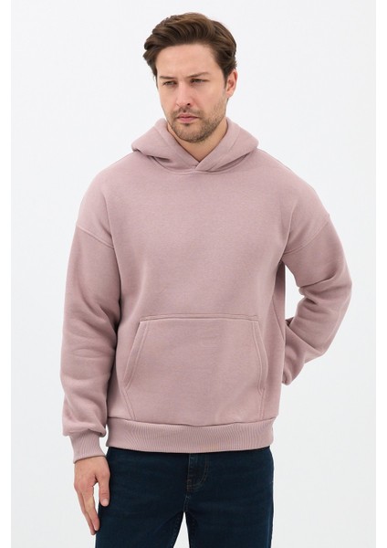 Erkek Oversize Pamuklu Kanguru Cepli 3 Iplik Basic Kapüşonlu Sweatshirt Buzmenekşe - 2xl