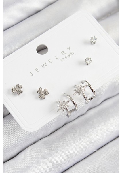 Pirinç Zirkon Taşlı Kutup Yıldızı Model Gümüş Renk 925 Ayar Gümüş Çivi Kadın Küpe Set