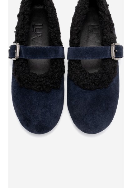 Guın Lacivert Süet Hakiki Deri Peluş Detaylı Kemerli Kadın Babet Ayakkabı fiyatları