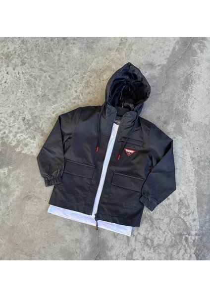 Unisex Çocuk Kapüşonlu Çift Cepli Mevsimlik Yağmurluk